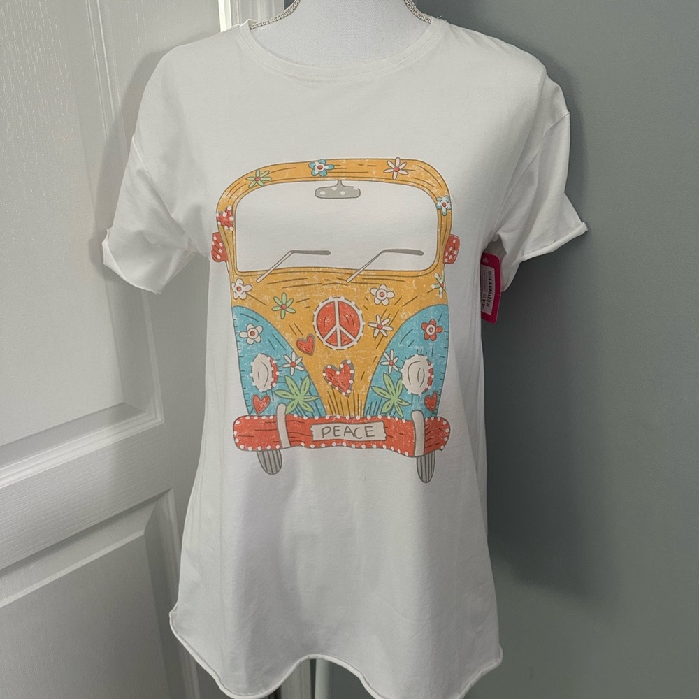 Brand new white long flared T-Shirt with Colorful VW bus Graphic
